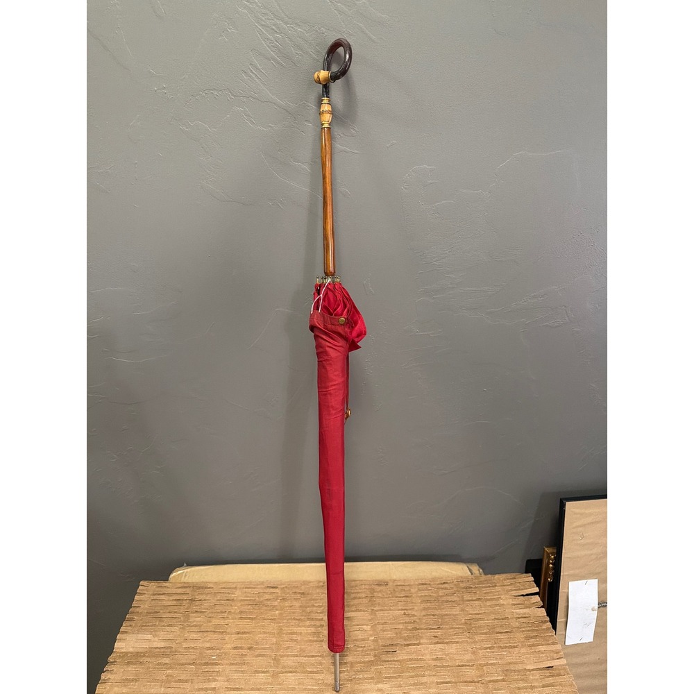 Vintage Veritable ONM Paris Red Parasol Umbrella Wood Bamboo Handle Made France